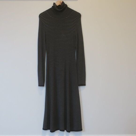 ZARA KNIT MIDI DRESS SWEATER turtleneck stripe grey black long sleeves sz MEDIUM - Picture 1 of 9